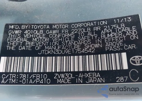 2014 Toyota Prius Three z USA, uszkodzony, nr VIN JTDKN3DU9E1754542
